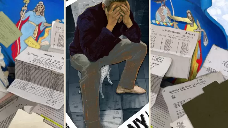 A drawing of a distraught person sitting on top of a pile of legal documents.
