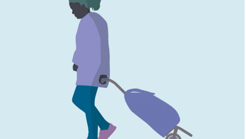 Black woman carrying a purple rolling bag against blue background.